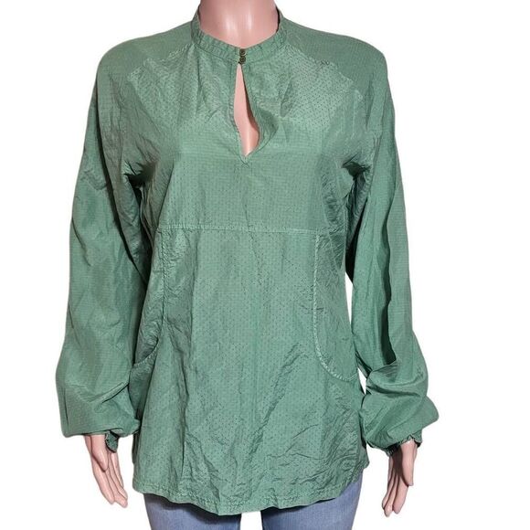 Women peasant mandarin collar spearmint silk boho top casual loose blouse M - Picture 1 of 7